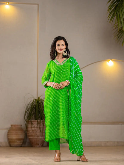 Green Georgette Lahiya Kurta Dupatta Set