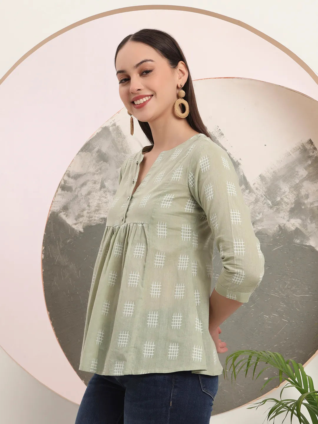 Green Handloom Cotton Gathered Or Pleated Top