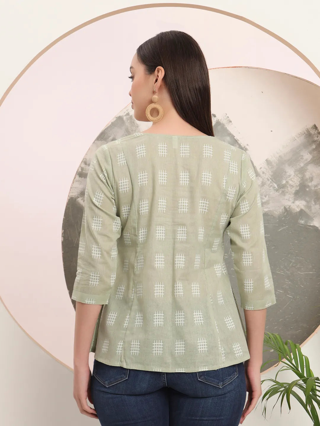 Green Handloom Cotton Gathered Or Pleated Top