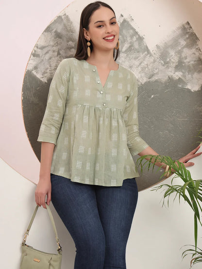 Green Handloom Cotton Gathered Or Pleated Top