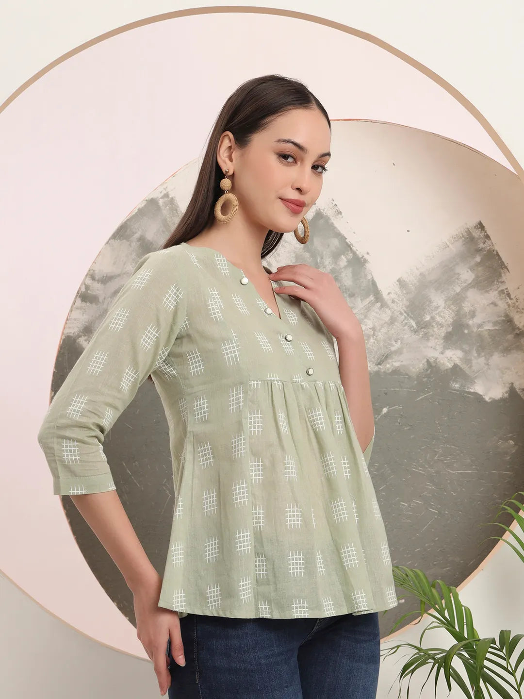 Green Handloom Cotton Gathered Or Pleated Top