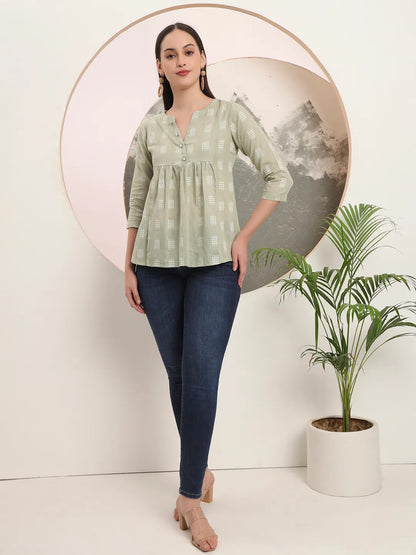 Green Handloom Cotton Gathered Or Pleated Top
