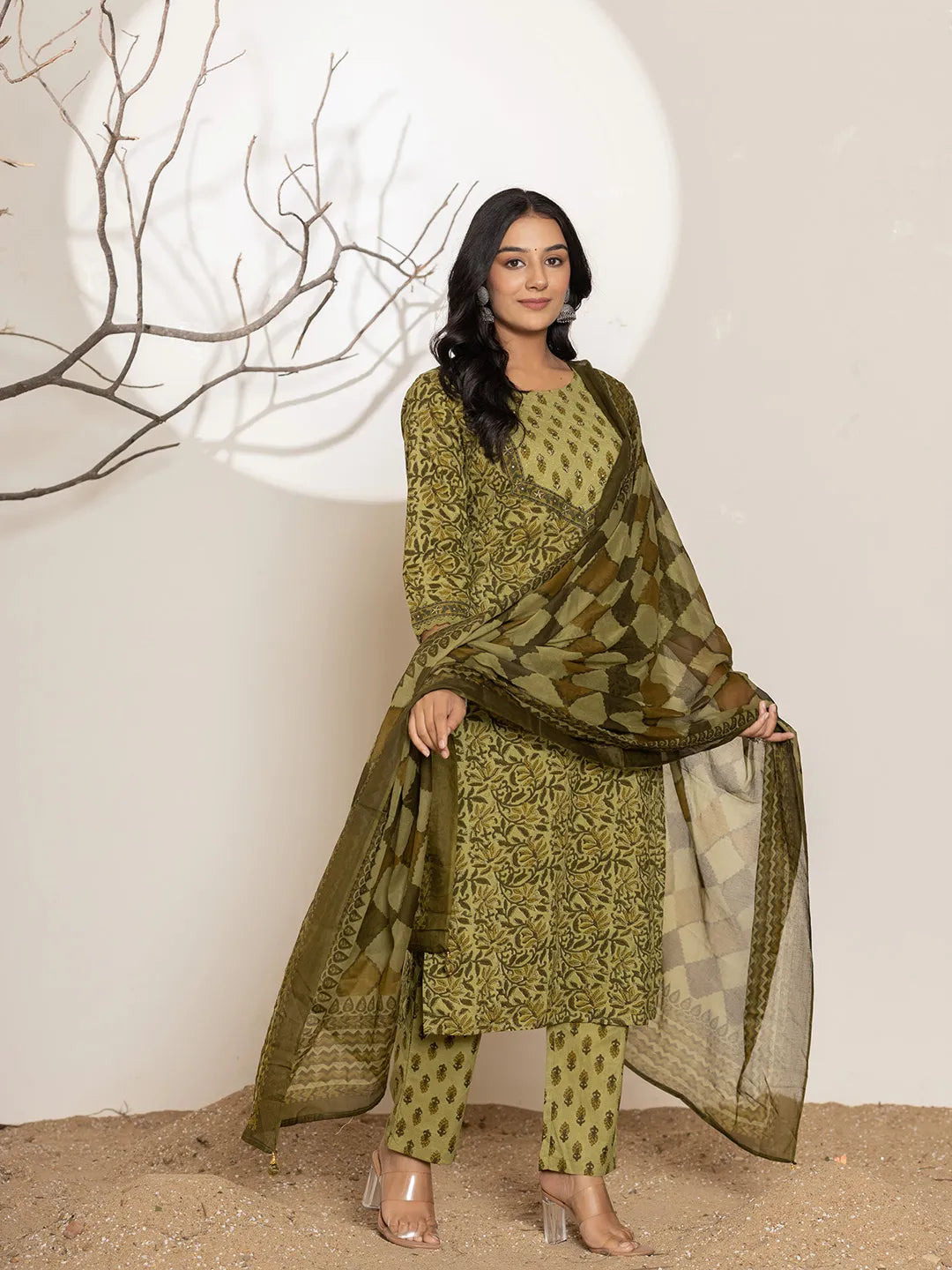 Leaf Print Cotton Straight Kurta Dupatta Set