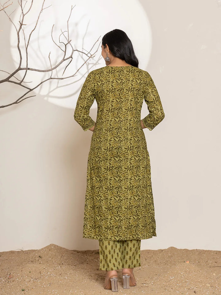 Leaf Print Cotton Straight Kurta Dupatta Set