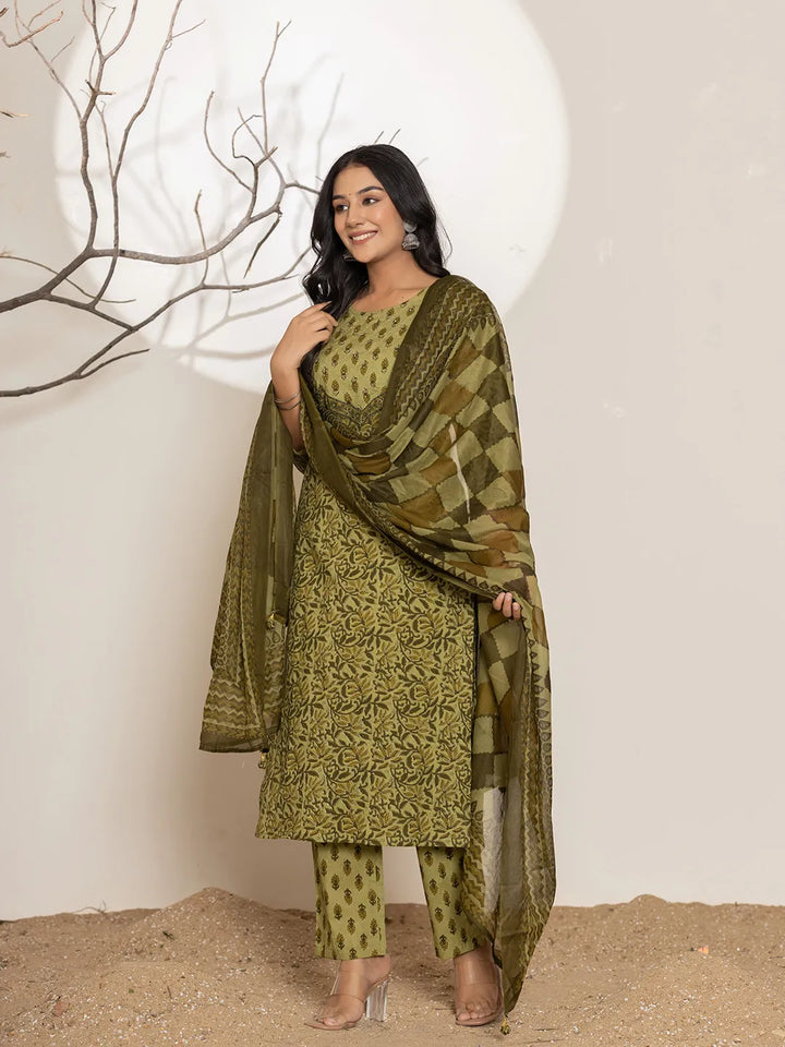 Leaf Print Cotton Straight Kurta Dupatta Set