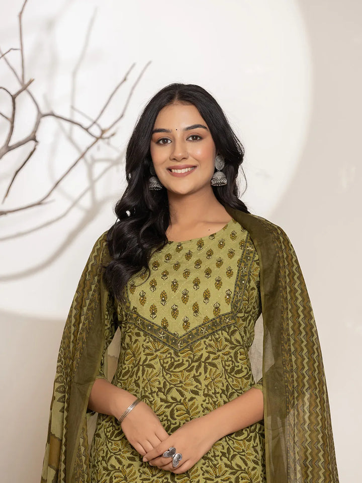 Leaf Print Cotton Straight Kurta Dupatta Set
