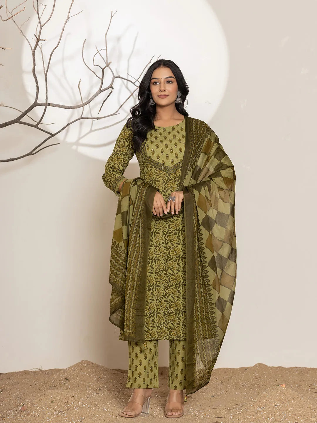 Leaf Print Cotton Straight Kurta Dupatta Set