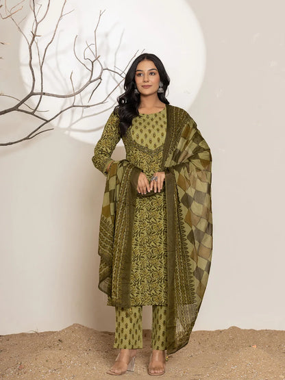 Leaf Print Cotton Straight Kurta Dupatta Set