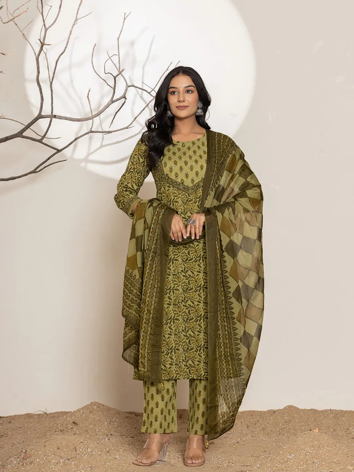 Leaf Print Cotton Straight Kurta Dupatta Set