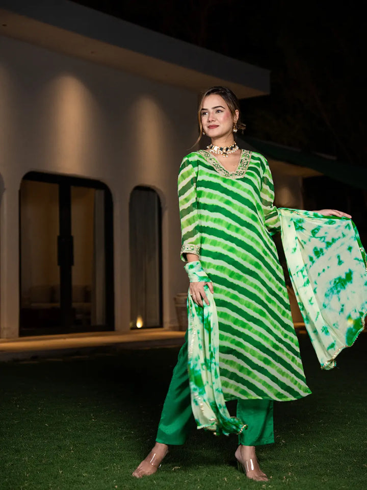 Green Leheriya Print Poly Georgette Straight Suit Set