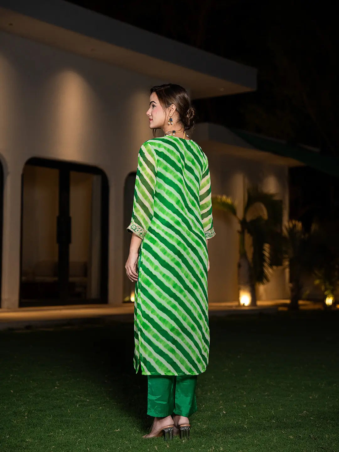 Green Leheriya Print Poly Georgette Straight Suit Set