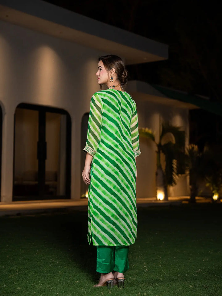 Green Leheriya Print Poly Georgette Straight Suit Set