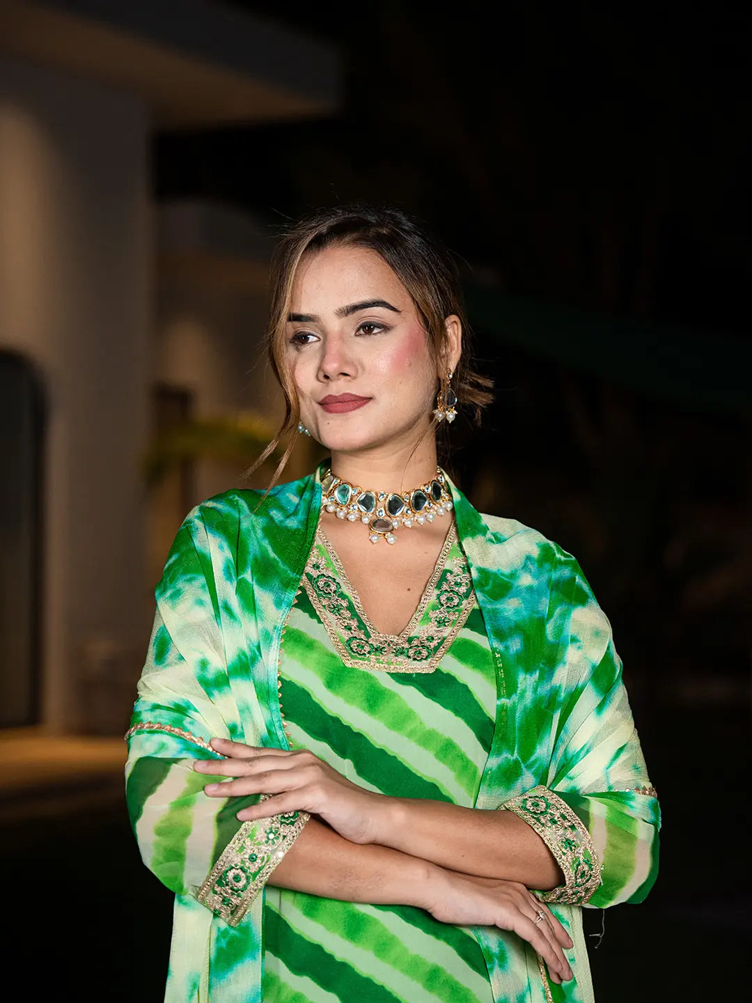 Green Leheriya Print Poly Georgette Straight Suit Set