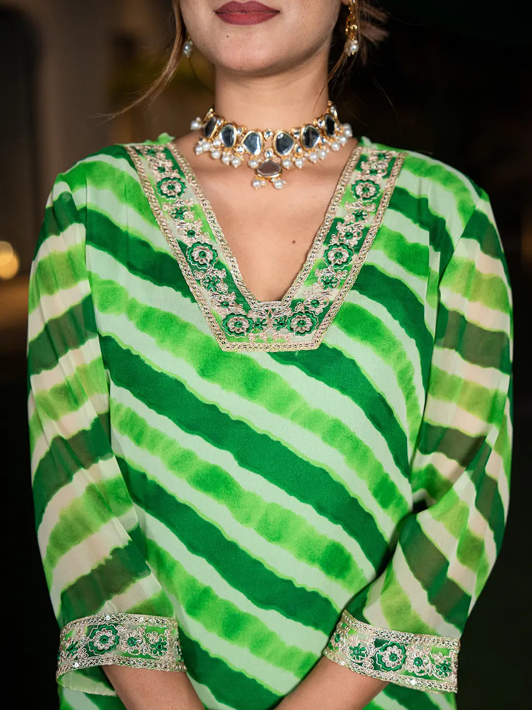 Green Leheriya Print Poly Georgette Straight Suit Set