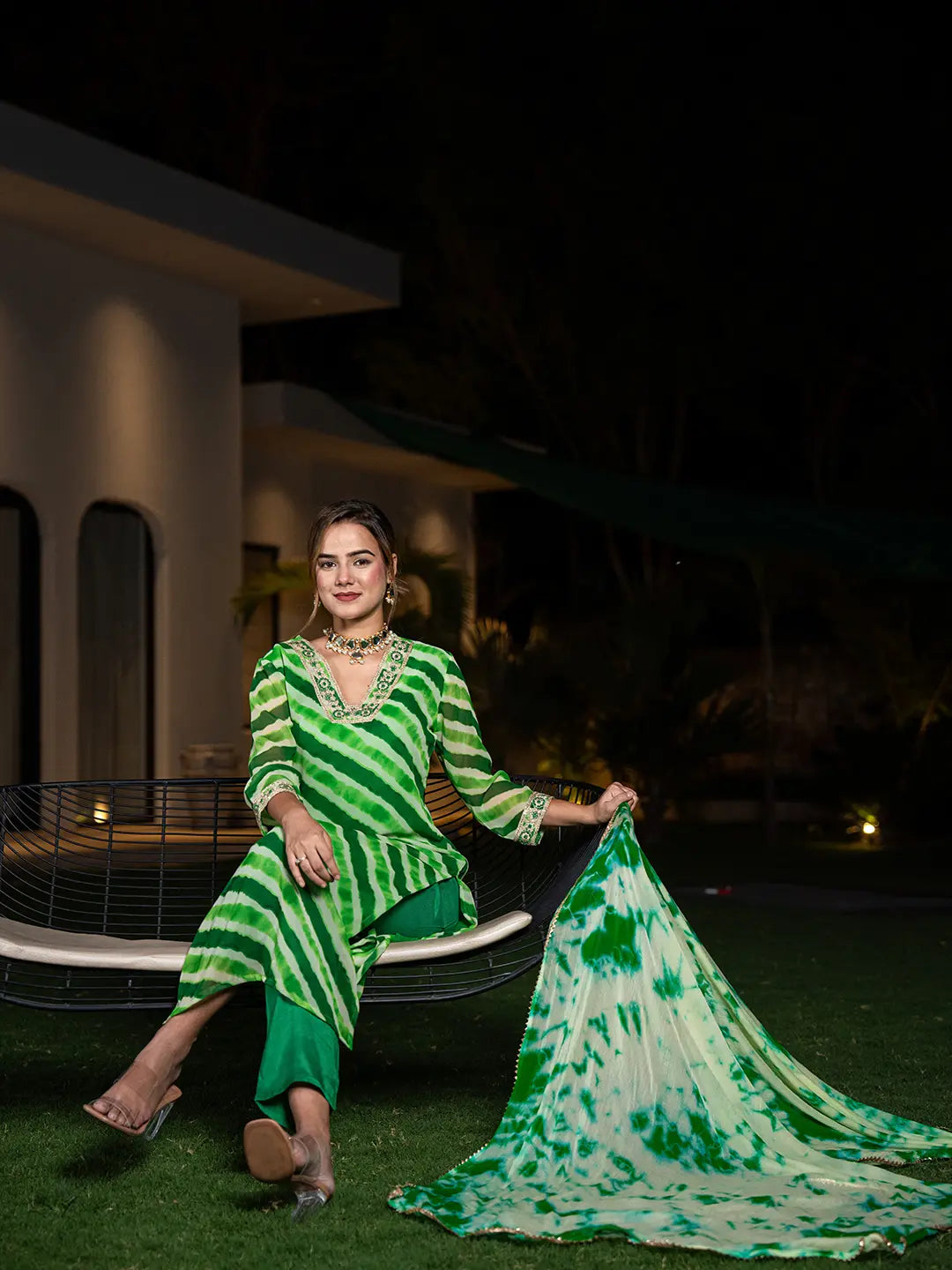 Green Leheriya Print Poly Georgette Straight Suit Set