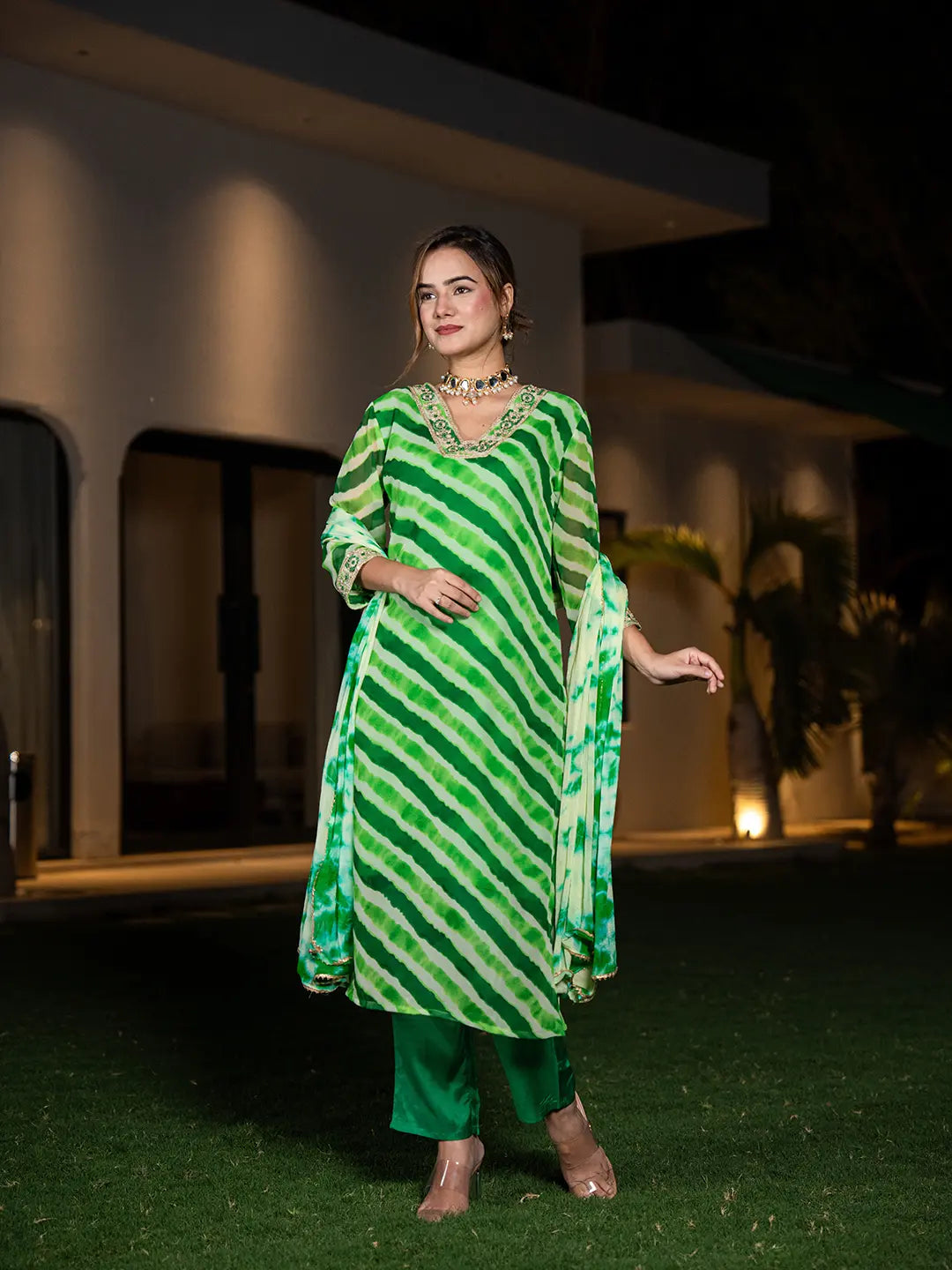 Green Leheriya Print Poly Georgette Straight Suit Set