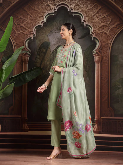Green Mul Chanderi A-Line Kurta Trouser Set