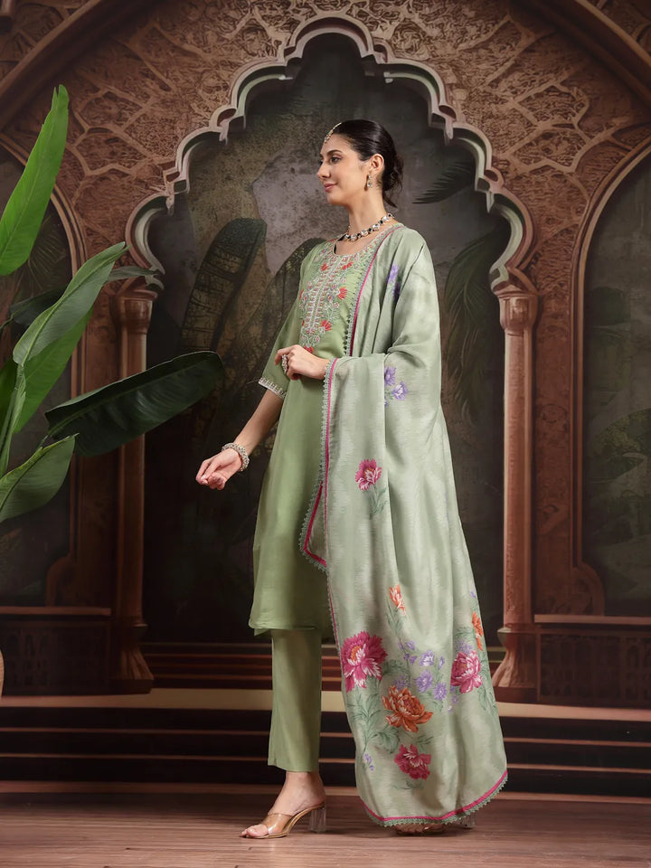 Green Mul Chanderi A-Line Kurta Trouser Set