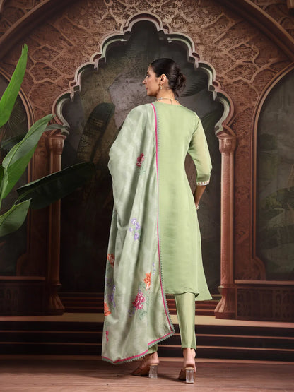 Green Mul Chanderi A-Line Kurta Trouser Set