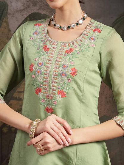 Green Mul Chanderi A-Line Kurta Trouser Set