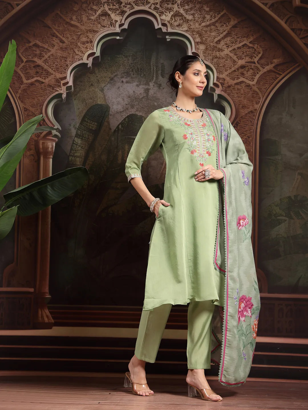 Green Mul Chanderi A-Line Kurta Trouser Set