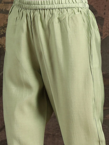 Green Mul Chanderi A-Line Kurta Trouser Set
