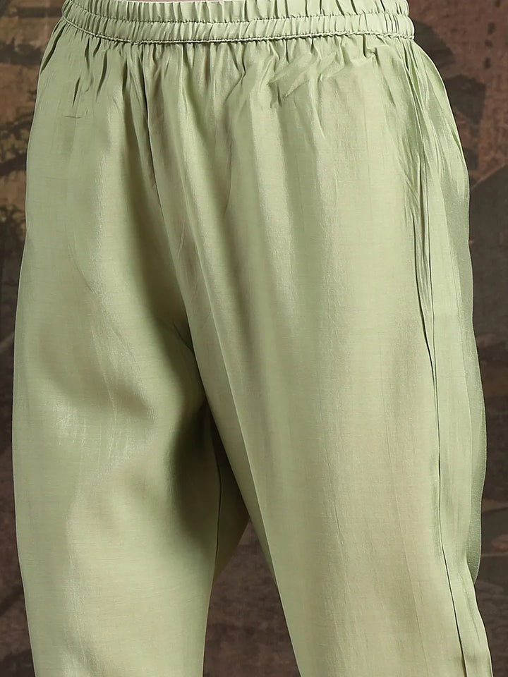 Green Mul Chanderi A-Line Kurta Trouser Set
