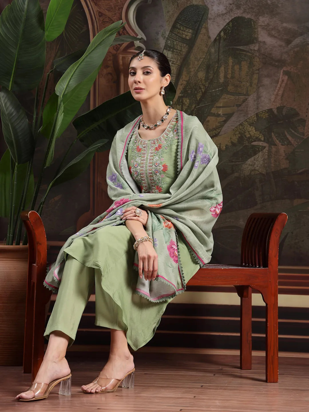 Green Mul Chanderi A-Line Kurta Trouser Set