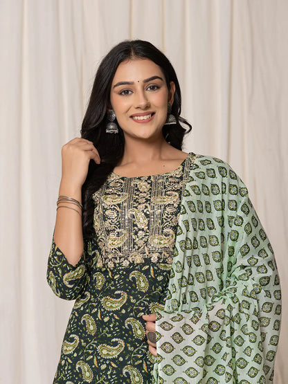 Green Paisley Pure Cotton Straight Kurta And Trouser With Dupatta Set