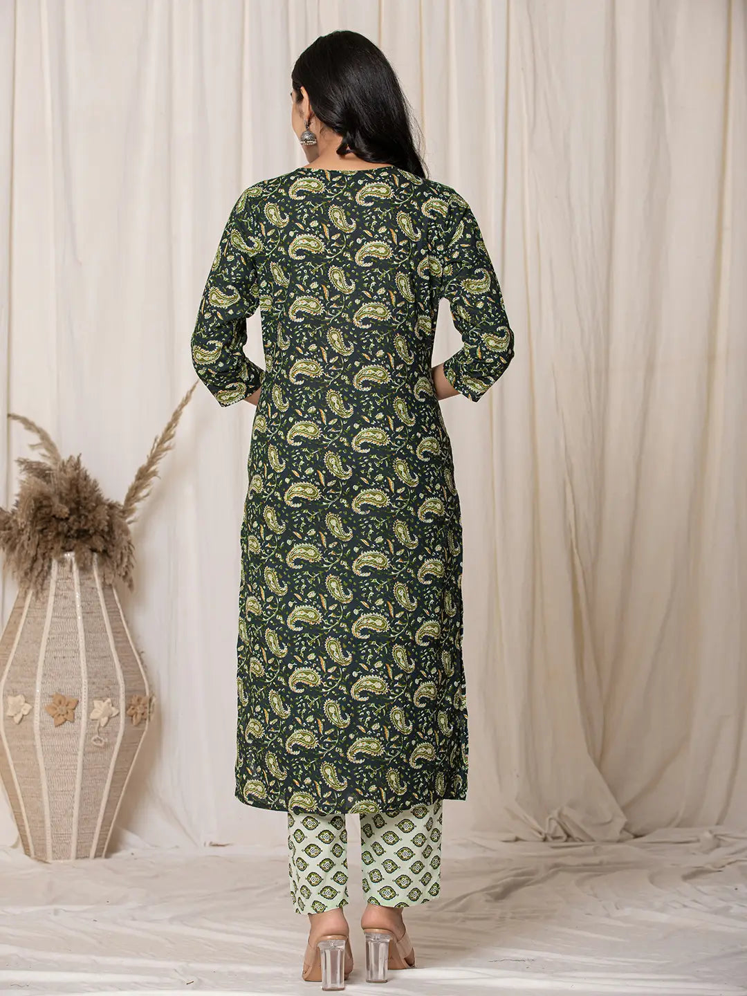 Green Paisley Pure Cotton Straight Kurta And Trouser With Dupatta Set