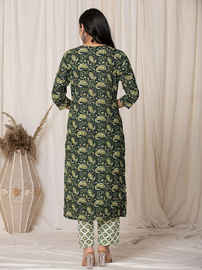 Green Paisley Pure Cotton Straight Kurta And Trouser With Dupatta Set