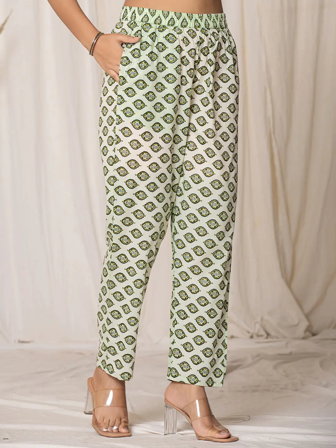 Green Paisley Pure Cotton Straight Kurta And Trouser With Dupatta Set