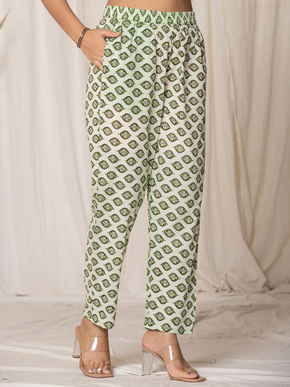 Green Paisley Pure Cotton Straight Kurta And Trouser With Dupatta Set