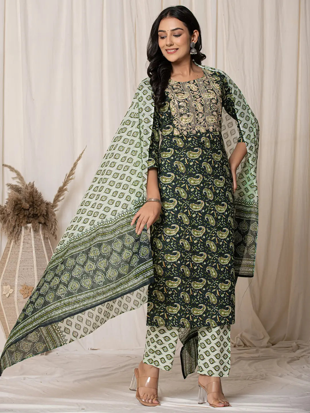 Green Paisley Pure Cotton Straight Kurta And Trouser With Dupatta Set