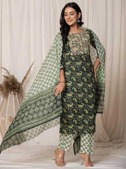 Green Paisley Pure Cotton Straight Kurta And Trouser With Dupatta Set