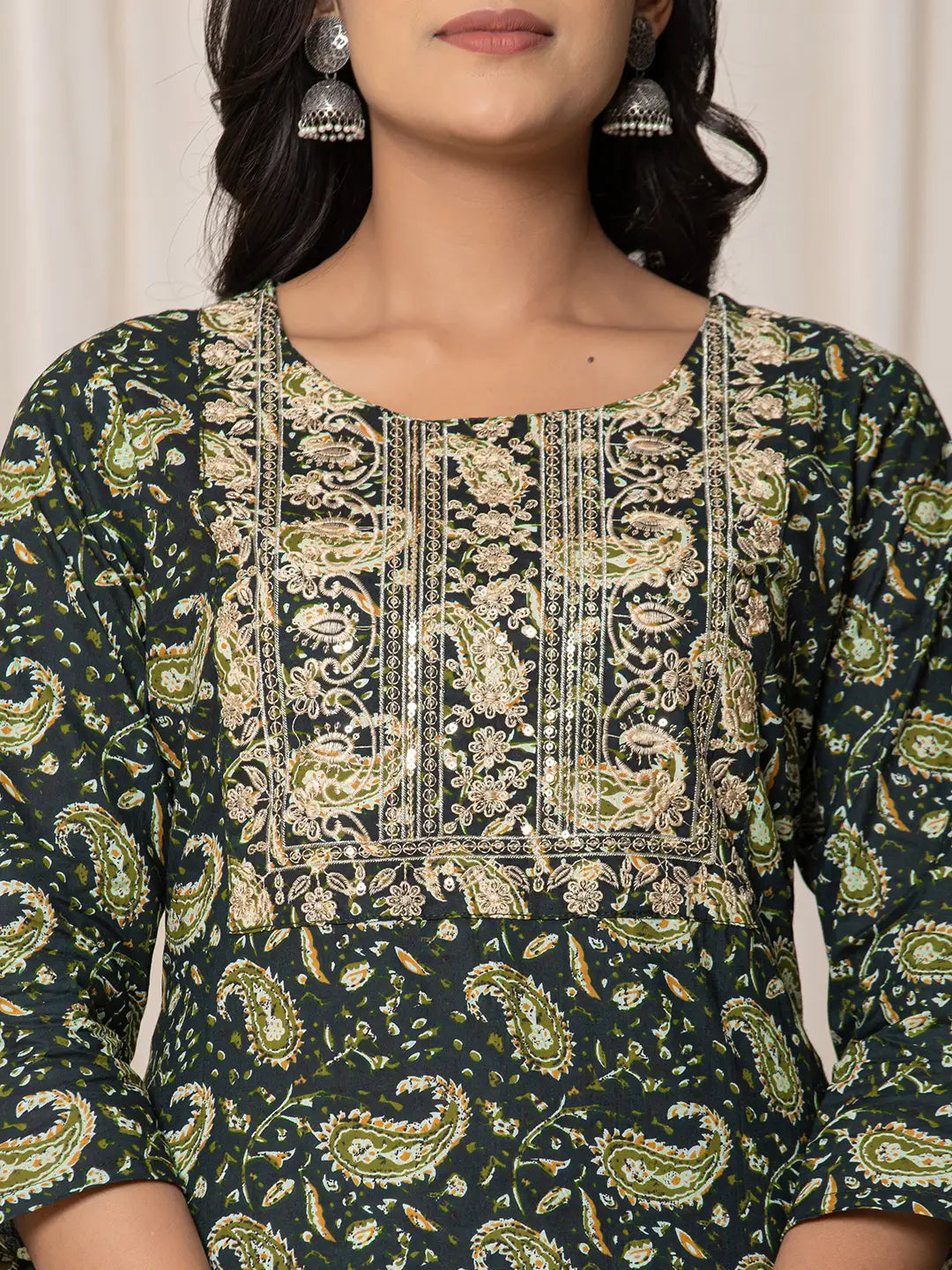 Green Paisley Pure Cotton Straight Kurta And Trouser With Dupatta Set