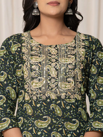 Green Paisley Pure Cotton Straight Kurta And Trouser With Dupatta Set