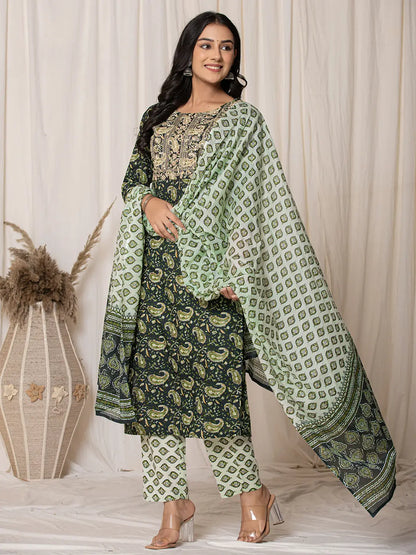 Green Paisley Pure Cotton Straight Kurta And Trouser With Dupatta Set