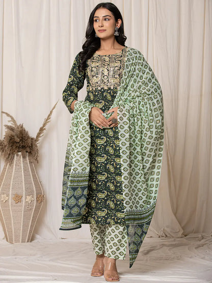 Green Paisley Pure Cotton Straight Kurta And Trouser With Dupatta Set