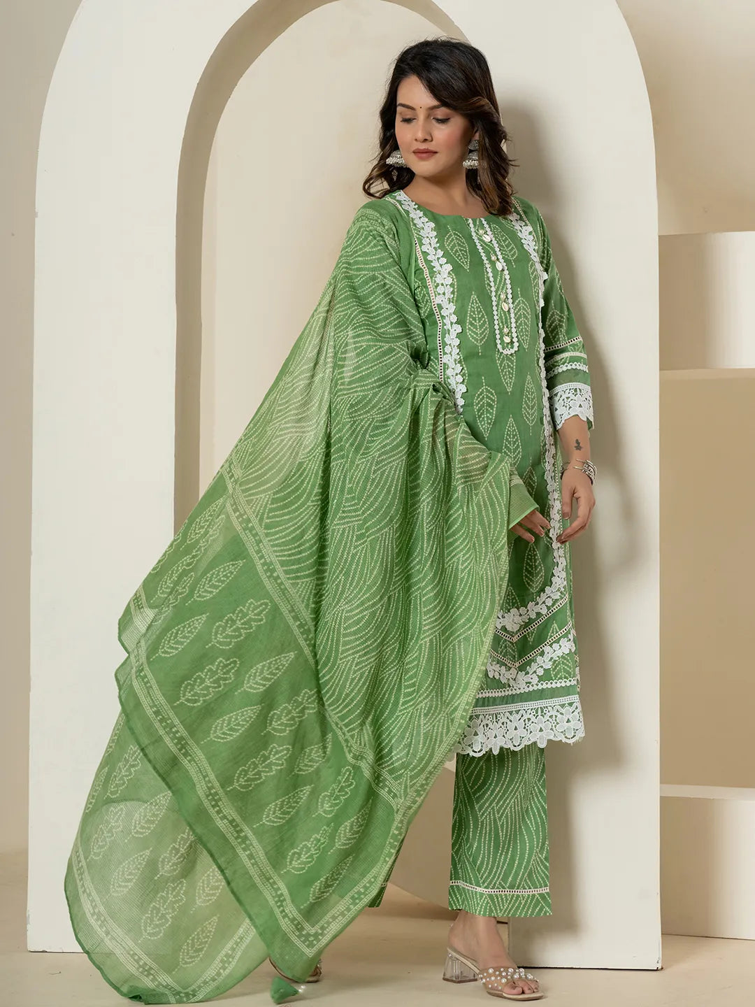 Green Patch Work Pure Cotton Straight Kurta And Dupatta Set