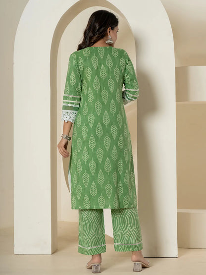 Green Patch Work Pure Cotton Straight Kurta And Dupatta Set