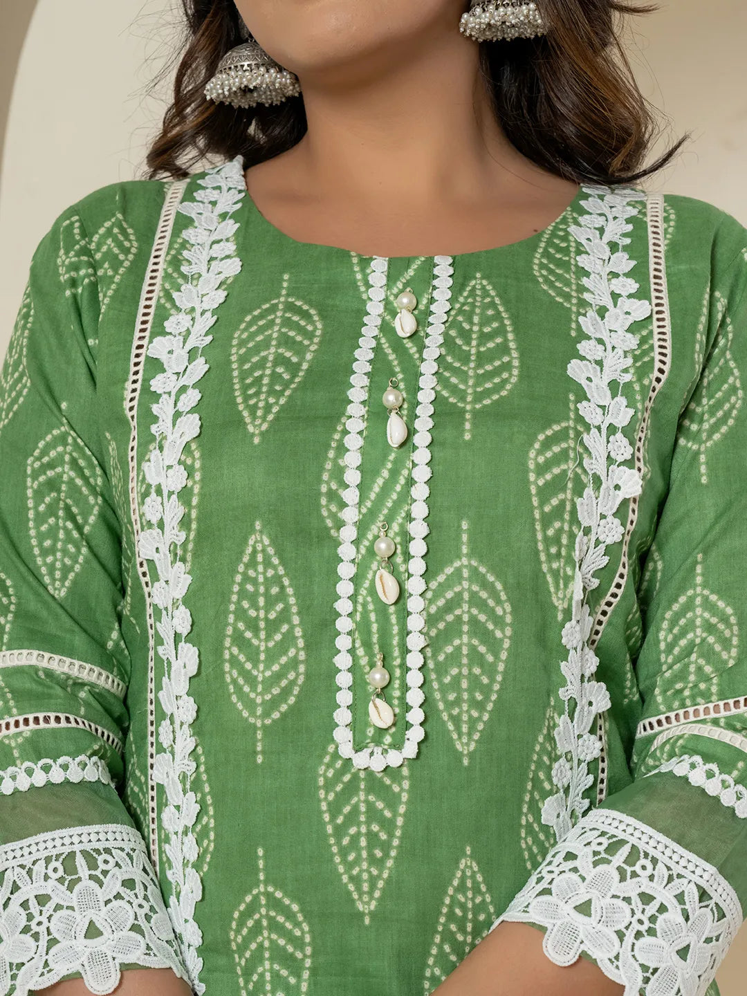 Green Patch Work Pure Cotton Straight Kurta And Dupatta Set