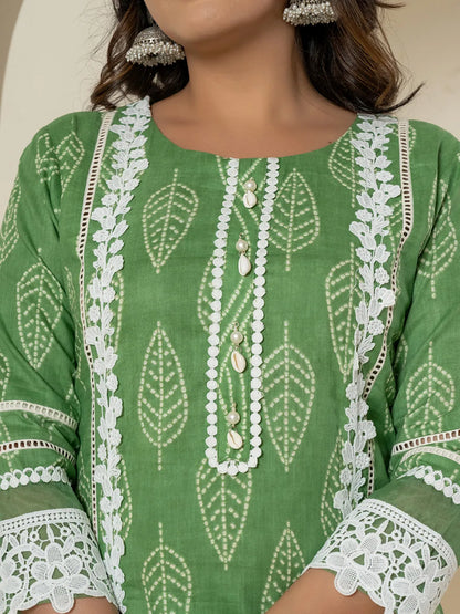 Green Patch Work Pure Cotton Straight Kurta And Dupatta Set