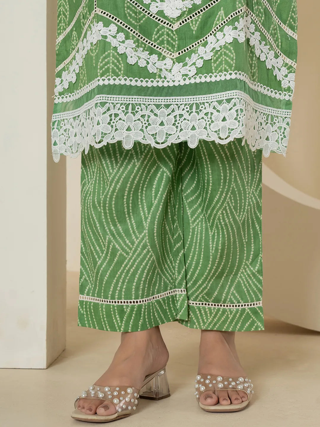 Green Patch Work Pure Cotton Straight Kurta And Dupatta Set