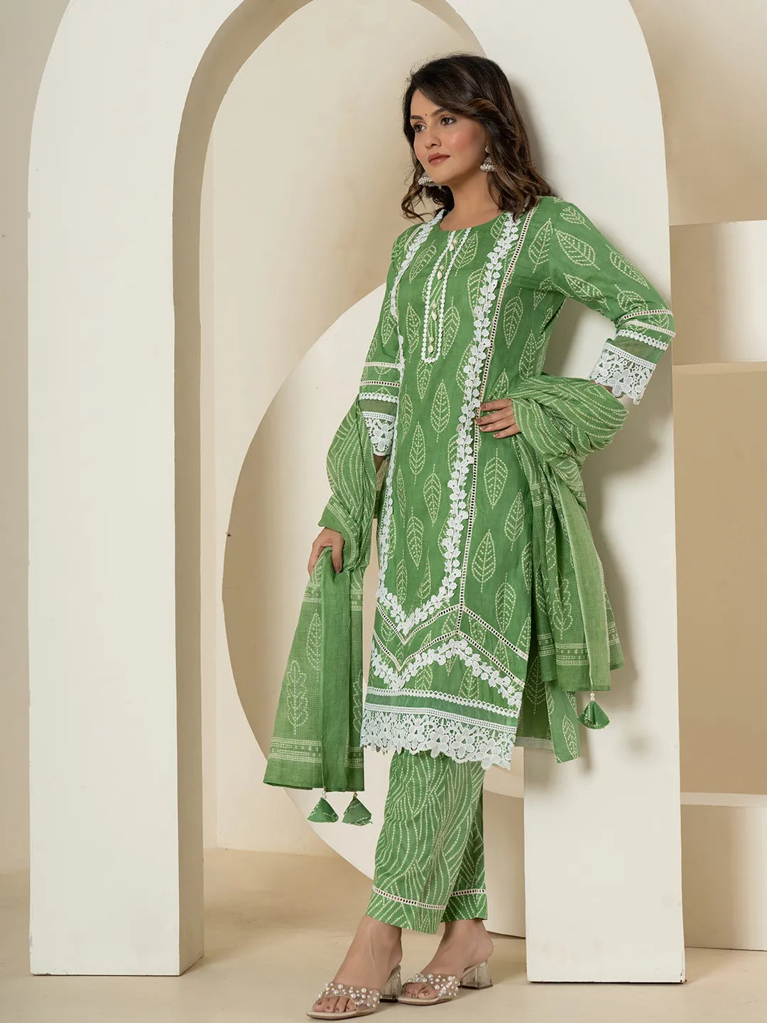 Green Patch Work Pure Cotton Straight Kurta And Dupatta Set