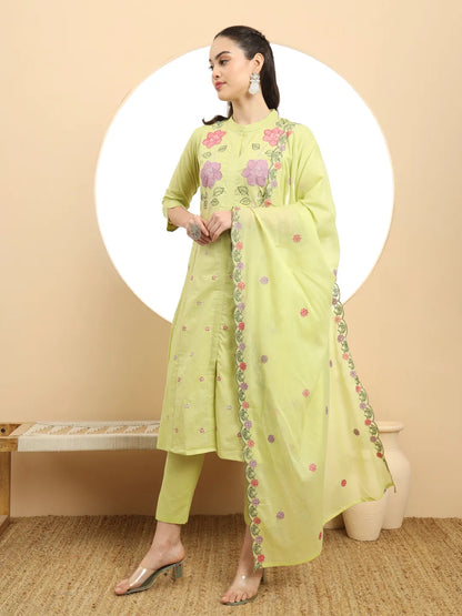 Green Pure Cotton A-Line Embroidered Kurta Dupatta Set