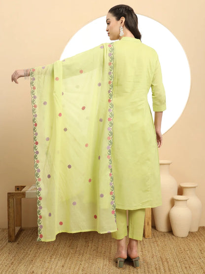 Green Pure Cotton A-Line Embroidered Kurta Dupatta Set