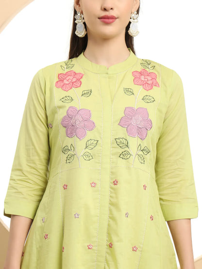 Green Pure Cotton A-Line Embroidered Kurta Dupatta Set