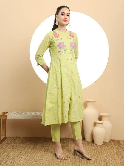 Green Pure Cotton A-Line Embroidered Kurta Dupatta Set
