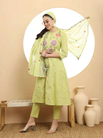 Green Pure Cotton A-Line Embroidered Kurta Dupatta Set